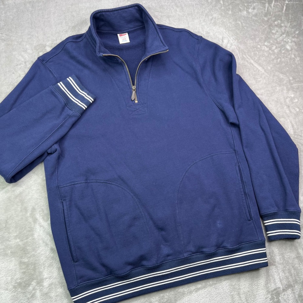 J.Crew Quarter-Zip Pullover Mens Large Navy Blue Striped Trim Cotton Sportswear